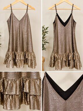 Metallic Gold Paisley Ruffle Hem Mini Dress Spaghetti Strap